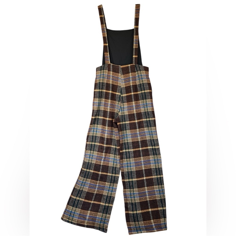 Cider Plaid Wide-Leg Overall Jumpsuit in Brown and Blue Tweed Size M - Picture 2 of 3